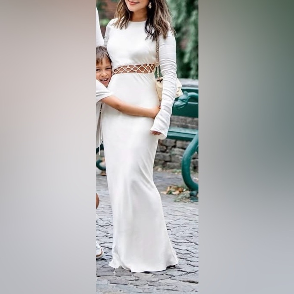 SHONA JOY CREAM ARIENZO ASSYMETRICAL LONG SLEEVE GOWN MAXI DRESS SIZE 4 SMALL